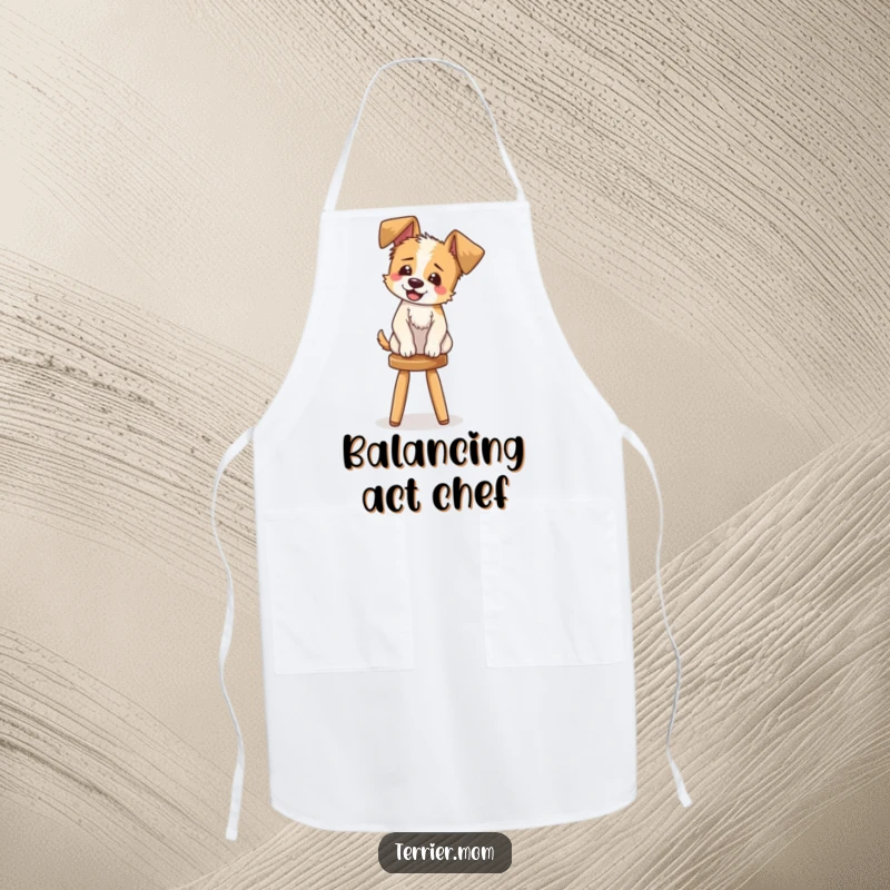Funny Apron: A charming apron illustrating a happy terrier with floppy ears giggling while balancing on a sturdy stool.