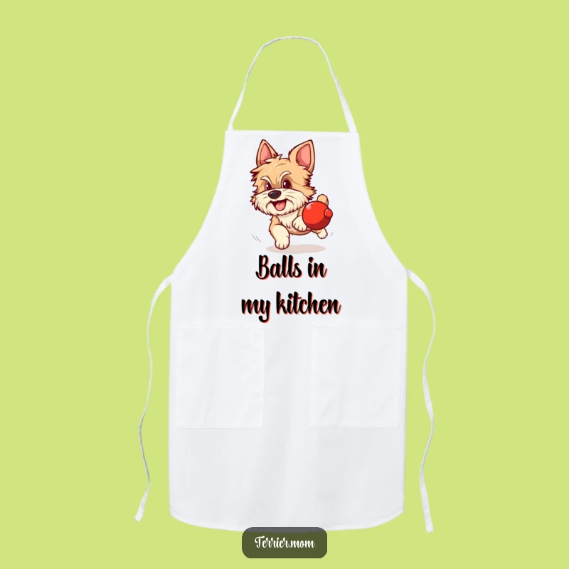 Funny Dog Apron: Scruffy dog chases red ball, kitchen action, unique gift.