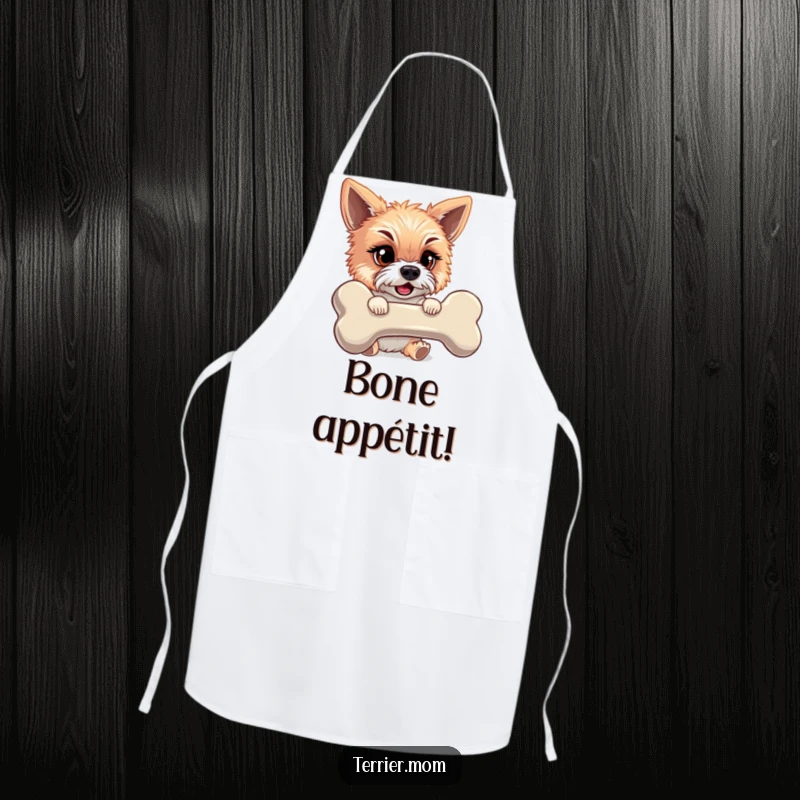 Funny cooking apron featuring a mischievous terrier fiercely protecting a gigantic bone, perfect for a dog-loving chef.