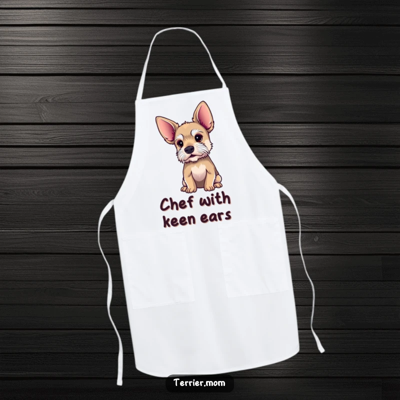 Funny terrier apron with oversized ears, showing a dog intently listening, perfect for a chef who enjoys a laugh.