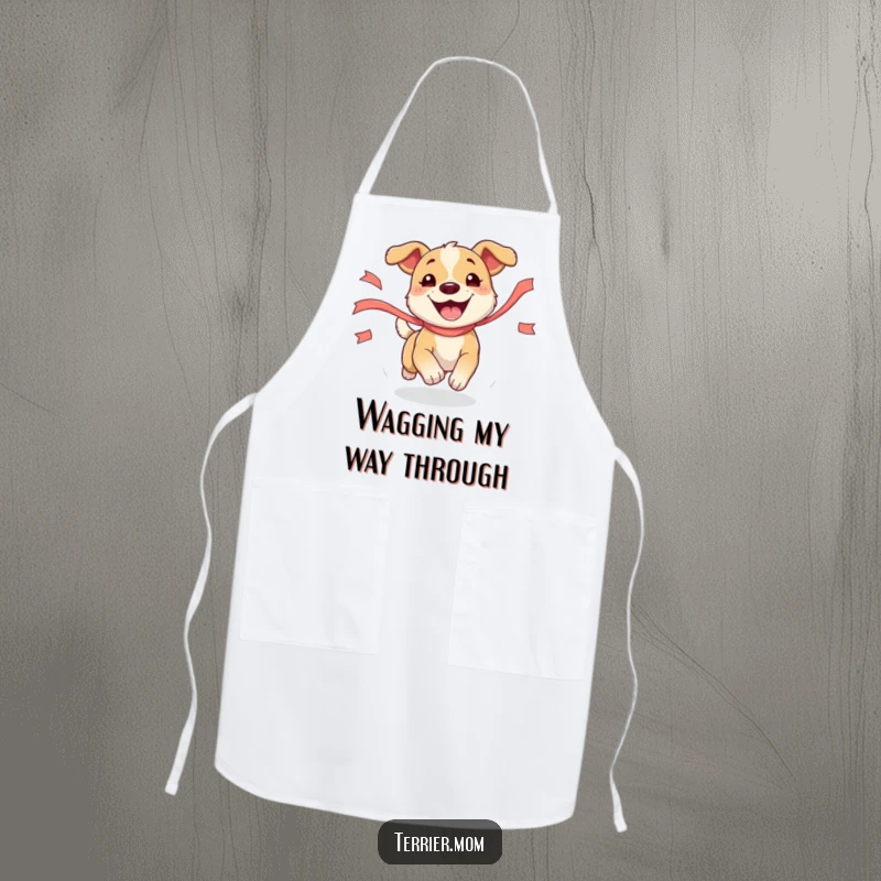 Funny Dog Apron showing a gleeful dog enthusiastically chasing a fluttering ribbon, perfect for humorous kitchen adventures.
