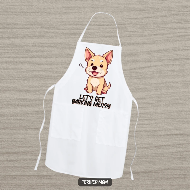 Funny terrier apron with a dog barking from a speech bubble, ideal for kitchen fun and adding a humorous touch to cooking, a great funny gift.