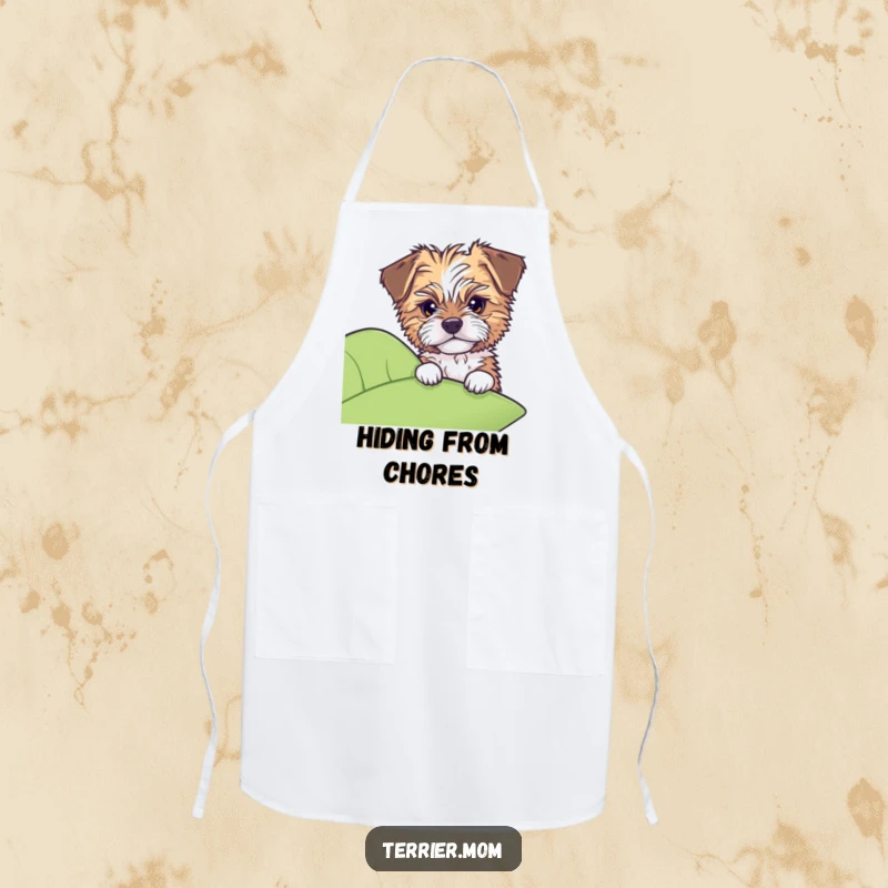 Funny apron featuring a tousled dog peeking with shy curiosity from behind a large leaf.