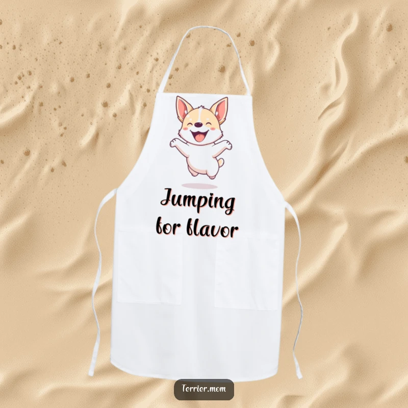 Funny apron featuring a small, energetic dog with pointed ears jumping joyfully with a happy expression.