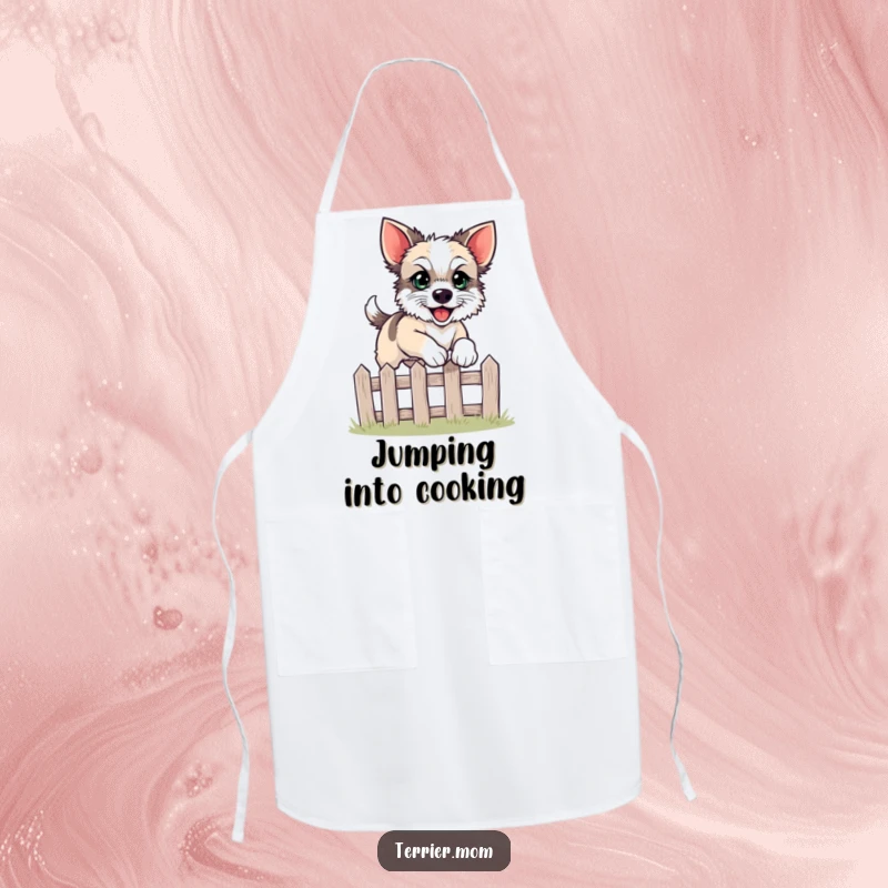 Funny leaping terrier apron featuring a dog happily jumping over a fence while cooking.