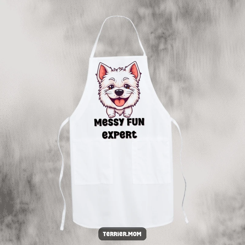 Funny apron showcasing a happy terrier's huge, goofy, panting grin, perfect for a joyful chef.