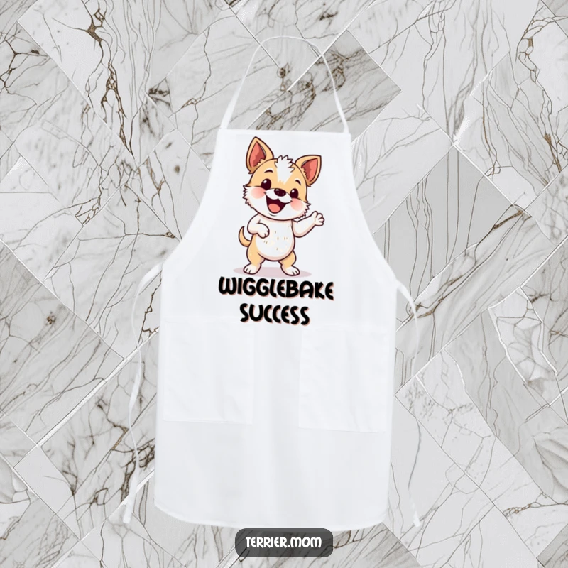 Funny apron illustrating an energetic terrier doing a silly wiggle dance, perfect for kitchen fun.