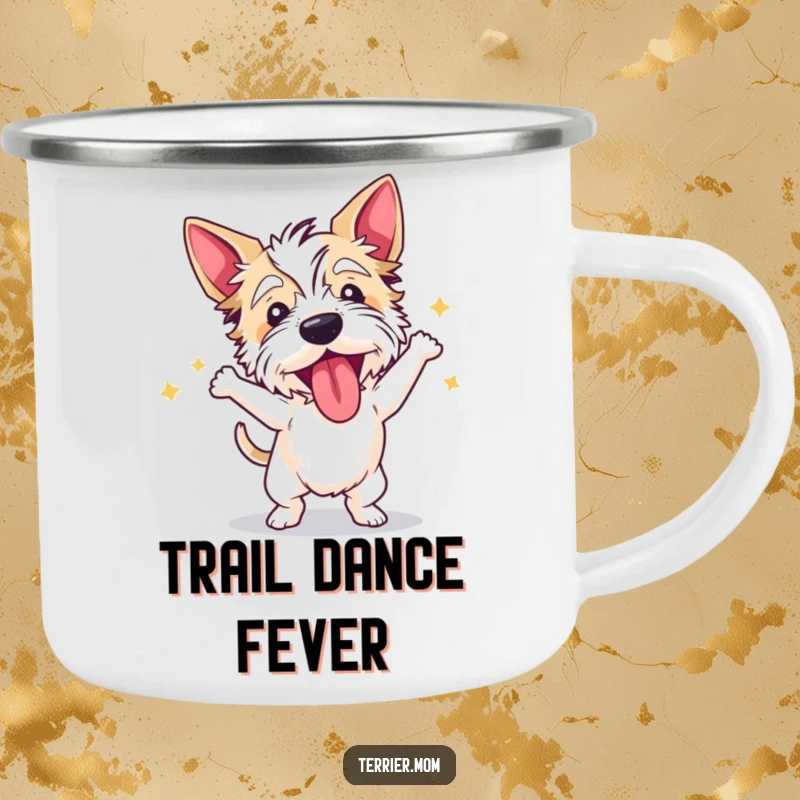 Funny terrier camping mug with a dog dancing wildly with its tongue out, perfect for outdoor celebrations.