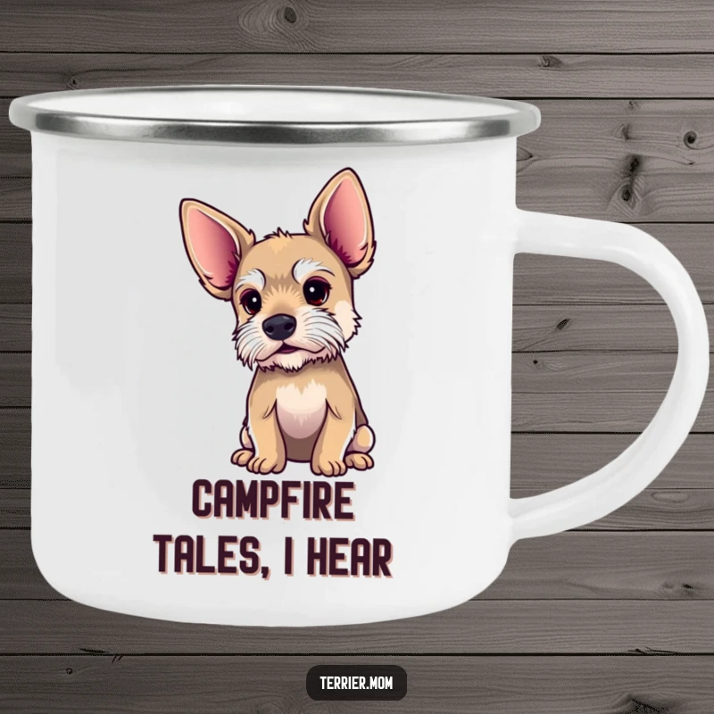 Funny terrier camping mug with oversized ears, showing a dog intently listening to nature, perfect for outdoor enthusiasts.
