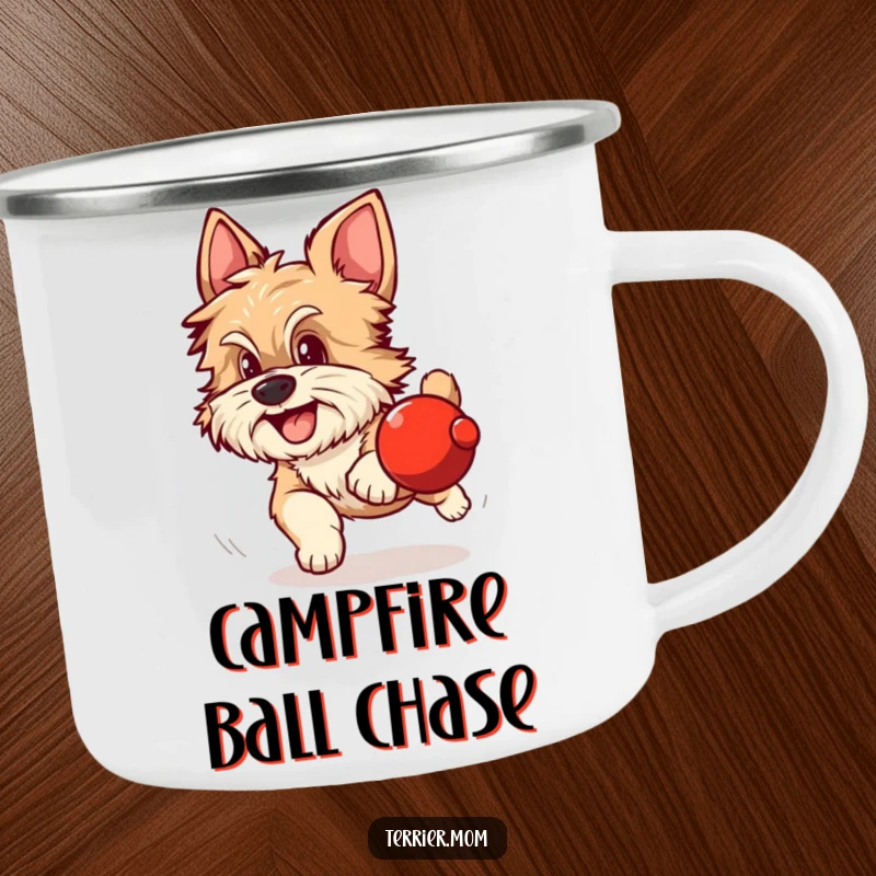 Funny camping mug showing a scruffy dog with alert ears excitedly chasing a rolling red sphere outdoors.