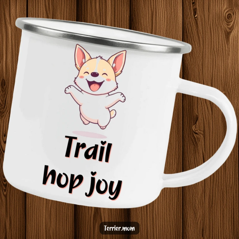 Funny camping mug showing a small, energetic dog with pointed ears jumping joyfully outdoors.