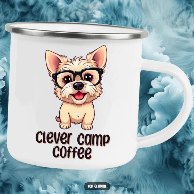 Funny Camping Mug with a playful Terrier dog wearing funny glasses and tilting its head, designed for outdoor enjoyment and intellectual humor.
