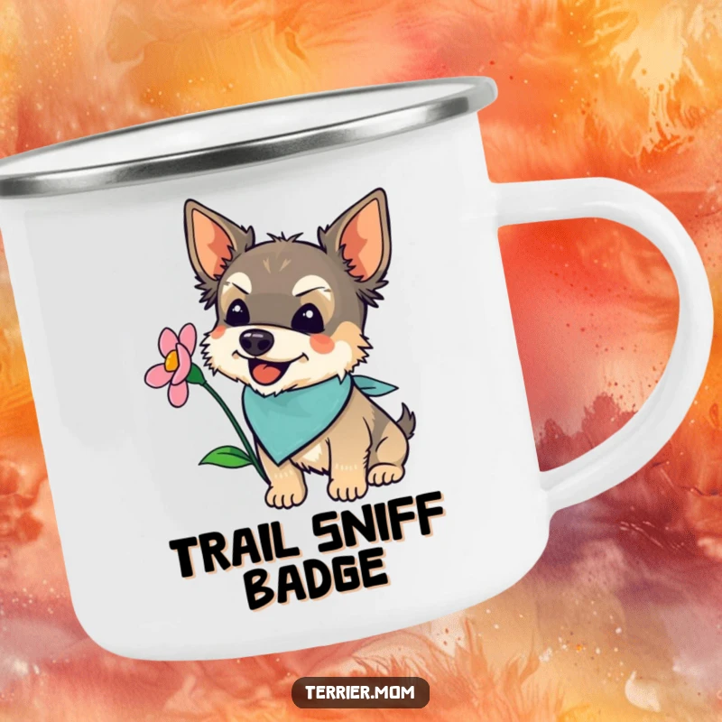 Funny terrier wearing a bandana, joyfully sniffing a blooming flower, on a durable camping mug.
