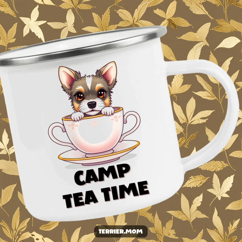Funny terrier with bright eyes peeking from a miniature teacup, on a durable camping mug.
