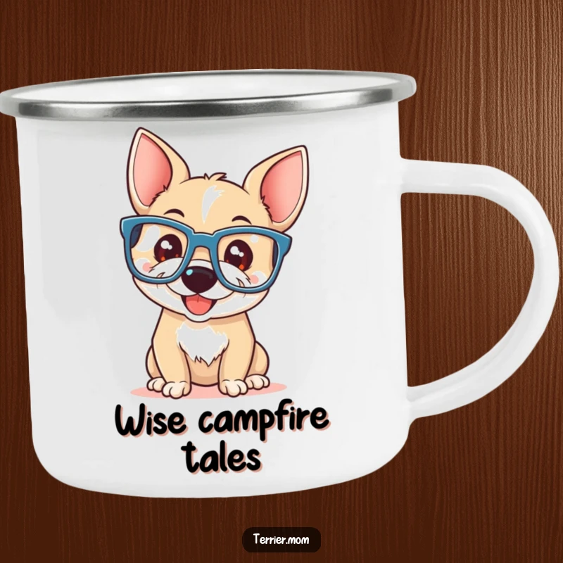 Funny terrier with a playful smile wearing oversized reading glasses, on a durable camping mug.