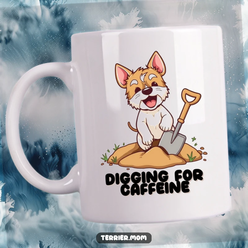 Funny terrier mug showing an excited dog enthusiastically digging a hole with a shovel, captured mid-action with joyful determination.
