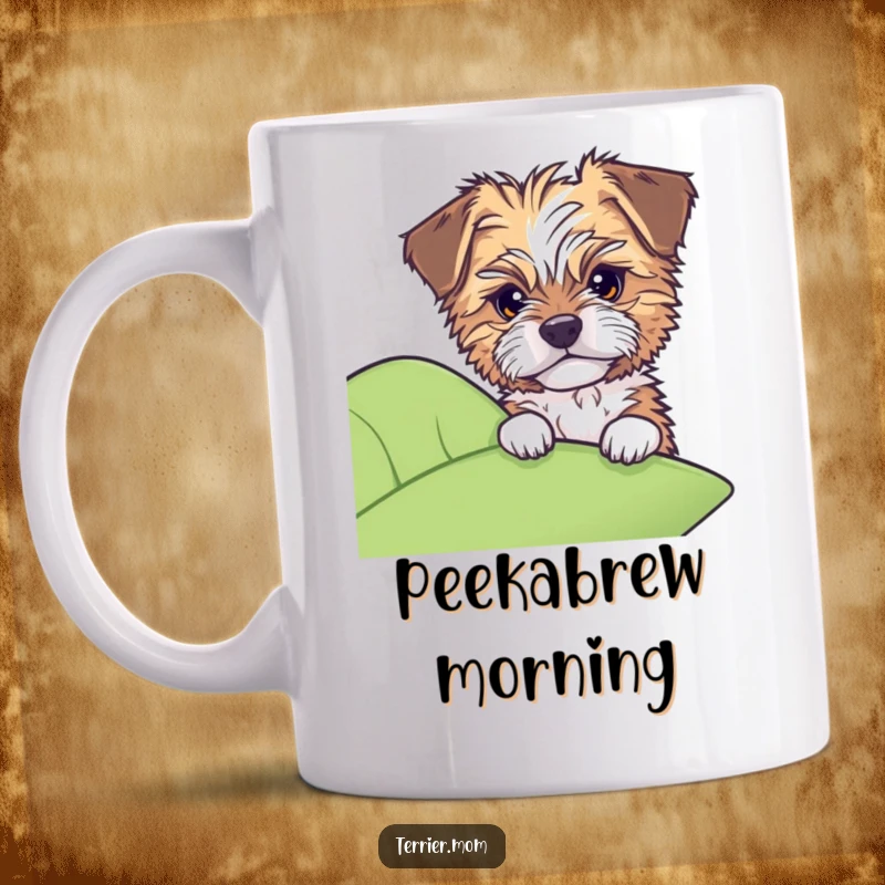 Funny mug showing a tousled-furred dog peeking with childlike curiosity from behind a large green leaf.