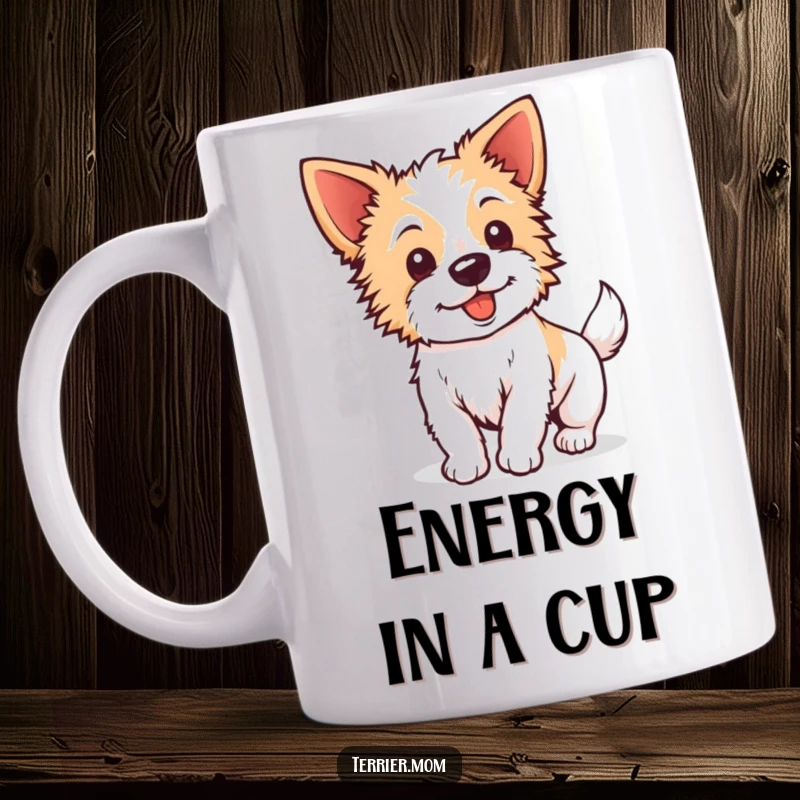 Funny Kawaii Terrier Mug: An energetic dog with perky ears joyfully wagging its tail, radiating pure canine enthusiasm.