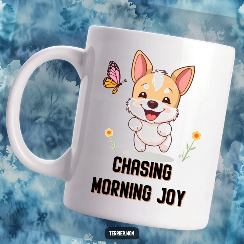 Funny terrier mug, a dog excitedly chasing a butterfly with a happy expression, perfect funny gift for dog lovers.