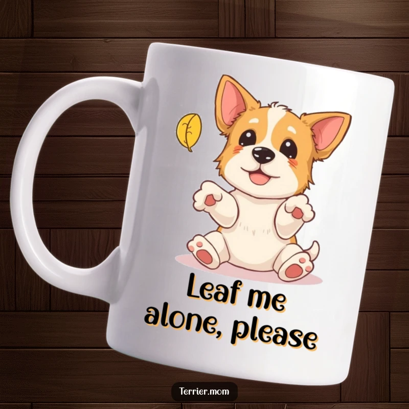 Funny Terrier Mug: A joyful terrier with paws outstretched attempts to catch a falling autumn leaf, a humorous depiction of playful pursuit.