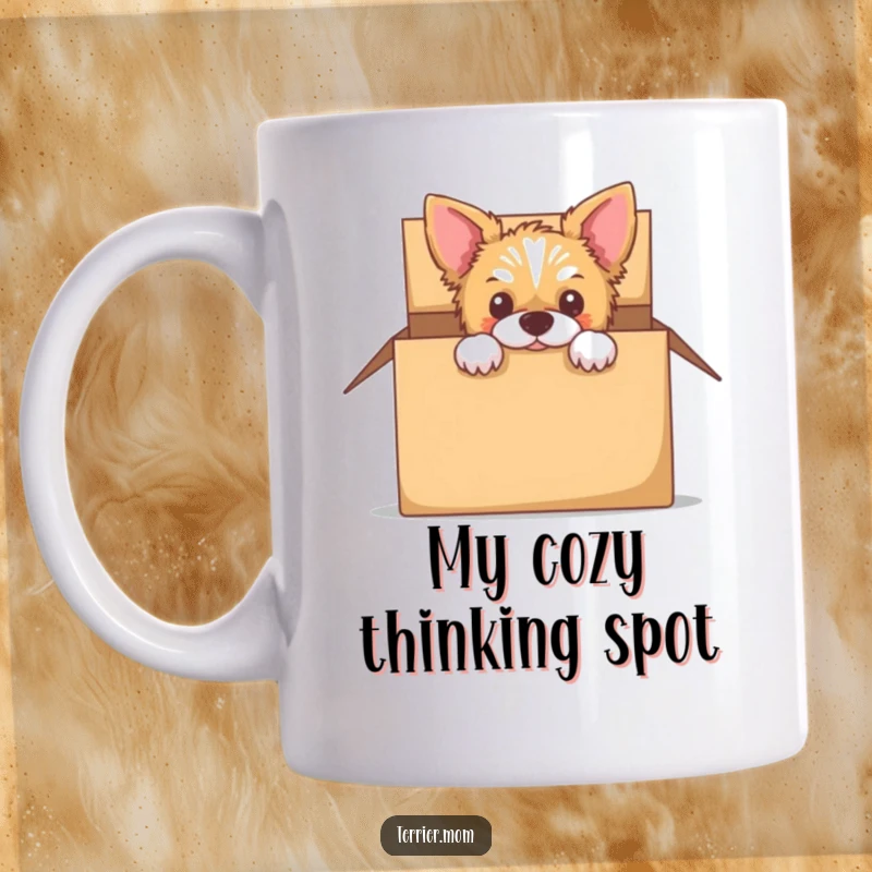 Funny mug showing a curious terrier peeking playfully out of an empty cardboard box.