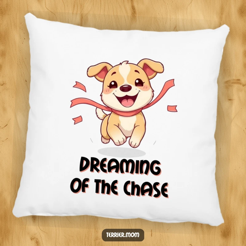 Funny Dog Pillow featuring a happy dog playfully chasing a ribbon, offering comfort and a touch of humorous charm.