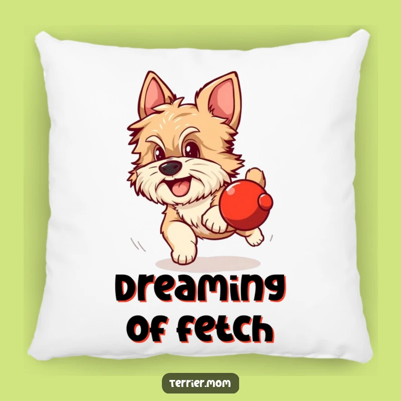 Funny Dog Pillow: Scruffy dog chases red ball, cozy and exciting decor, gift.