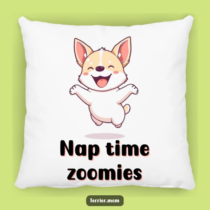 Funny Dog Pillow: Small energetic pup jumps joyfully, cozy and fun decor, gift.