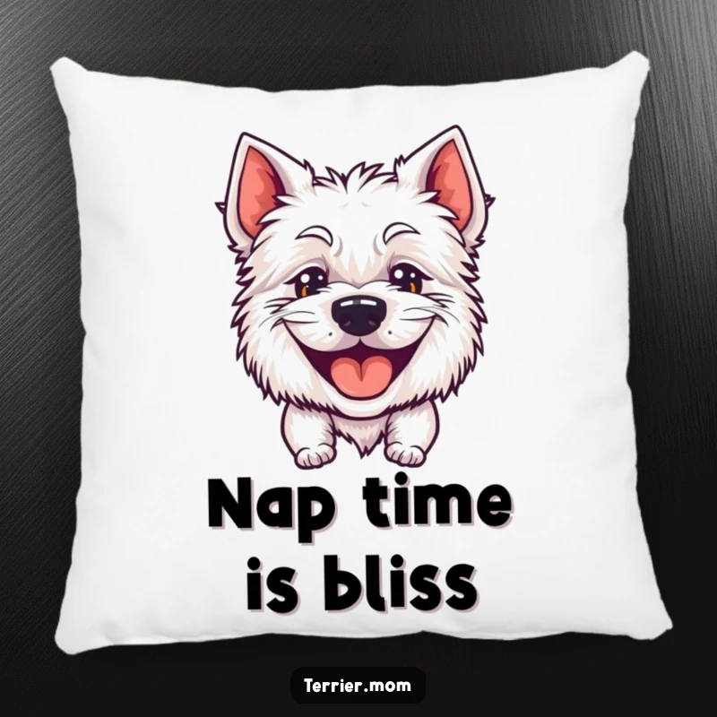 Funny pillow adorned with a happy terrier's big, goofy, panting grin, adding comfort and humor.