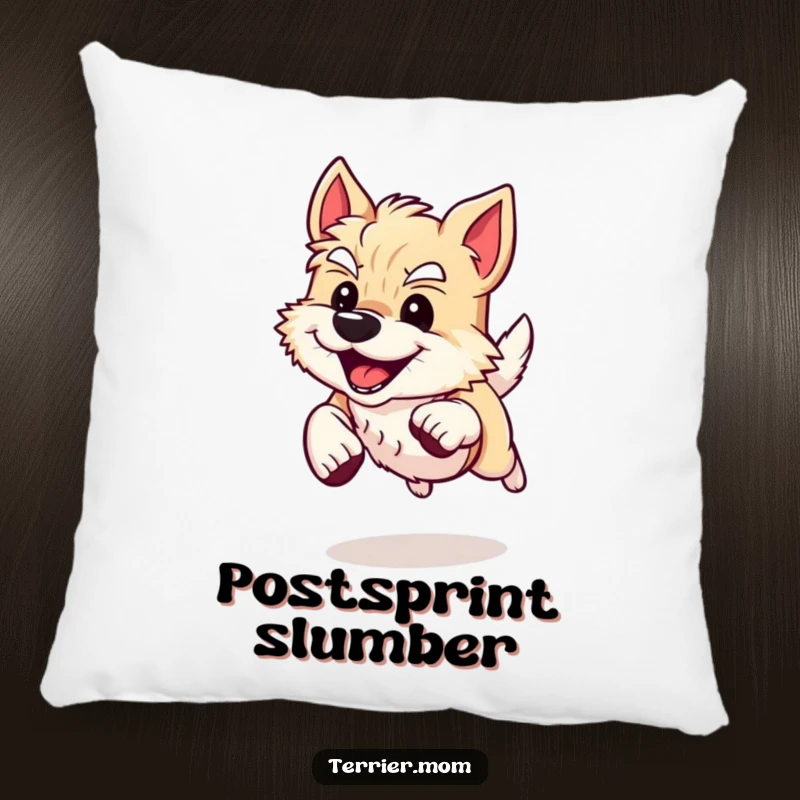Funny Pillow with an energetic Terrier dog in mid-sprint, featuring a happy grin, designed for comfort and a playful touch.