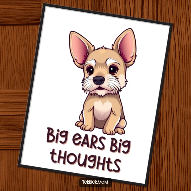 Funny terrier digital art print with oversized ears, showing a dog intently listening, ready for display.