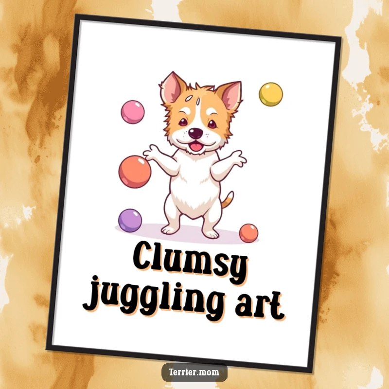 Funny terrier digital art print of a dog clumsily juggling bouncy balls, ready for immediate display.