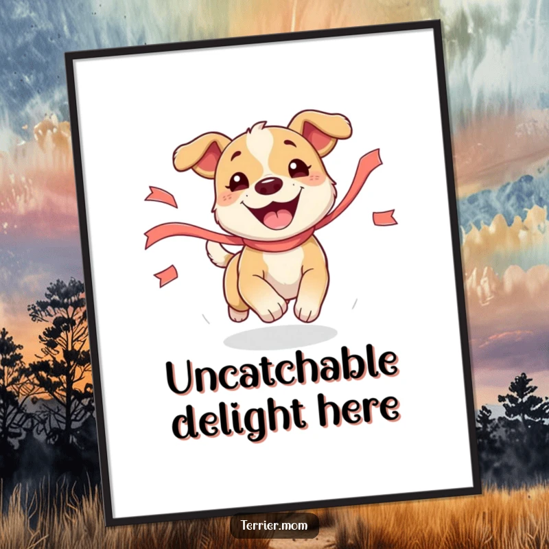 Funny Dog Digital Art Print showcasing an energetic dog joyfully chasing a fluttering ribbon, perfect for humorous wall decor.