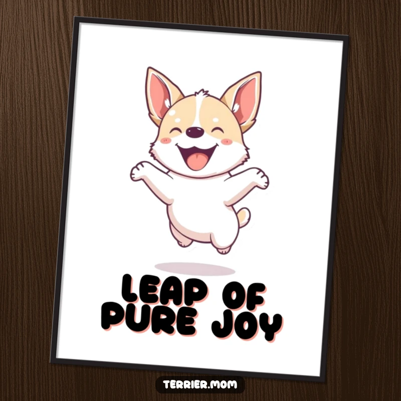Funny digital art print of a small, energetic dog with pointed ears jumping joyfully with infectious enthusiasm.