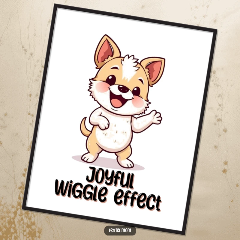 Funny digital art print of an energetic terrier performing a silly and joyful wiggle dance.