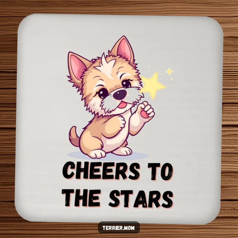 Funny drink coaster depicting a curious Terrier dog poking a sparkling star with its paw.
