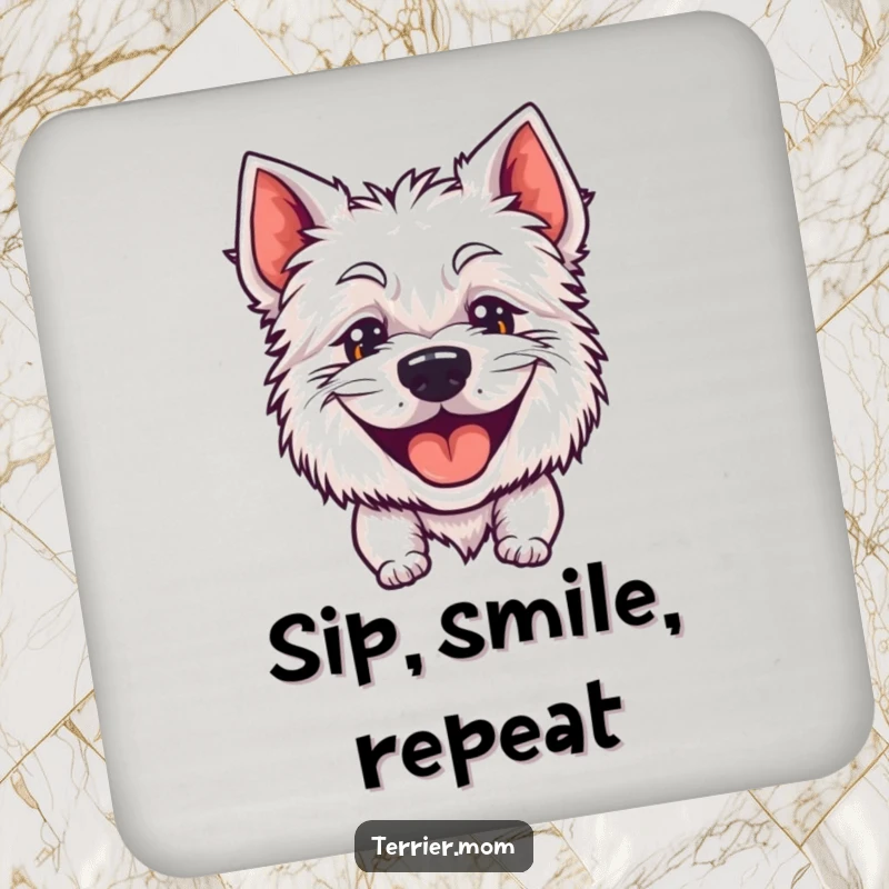 Funny drink coasters featuring a happy terrier's large, goofy, panting grin, perfect for table protection.