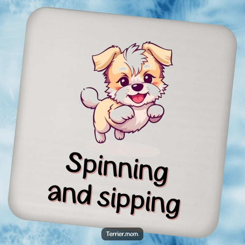 Funny Kawaii Terrier dog coaster, practical and charming, showing a playful dog chasing its tail in circles, perfect for protecting tables.