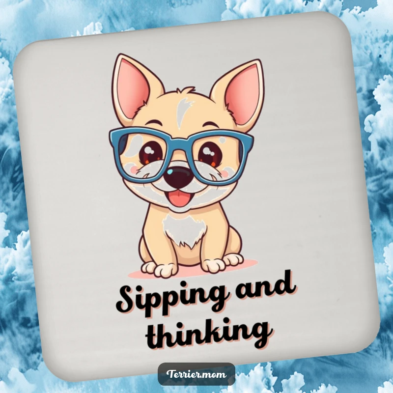 Funny terrier with a playful smile wearing oversized reading glasses, on a protective drink coaster.