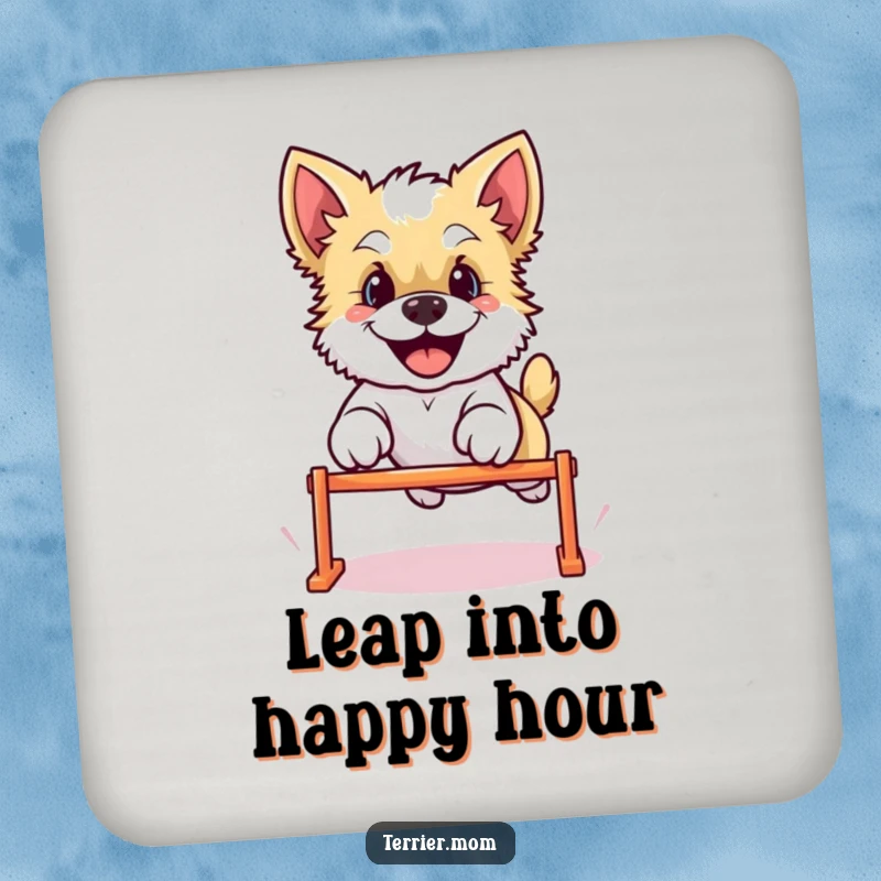 Funny Kawaii Terrier dog coasters set, illustrating the happy character leaping over a hurdle, perfect for protecting tables with a splash of humor.
