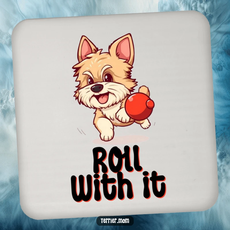 Funny drink coasters featuring a scruffy dog with alert ears excitedly chasing a rolling red sphere.
