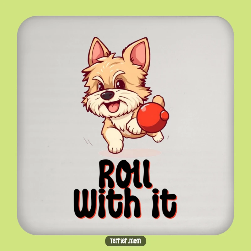 Funny Dog Coasters: Scruffy dog chases red ball, protect surfaces humorously, gift.