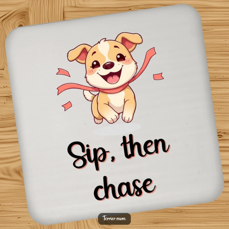 Funny Dog Coaster featuring a happy dog in pursuit of a ribbon, adding humorous protection for your surfaces.