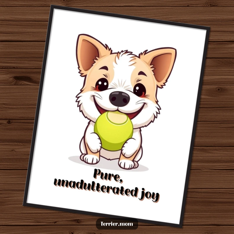 Funny terrier poster, a dog joyfully bouncing a tennis ball with its nose, displaying a wide, beaming smile and playful attitude.
