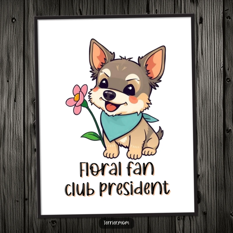 Funny terrier wearing a bandana, joyfully sniffing a colorful blooming flower, presented as a wall art poster.