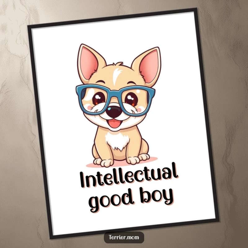 Funny terrier with a playful smile wearing oversized reading glasses, presented as a wall art poster.