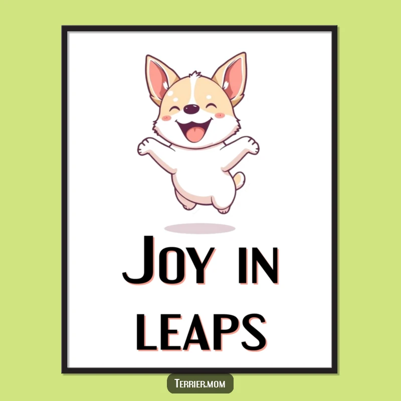 Funny Dog Poster: Small energetic pup jumps joyfully, vibrant wall art, great gift.