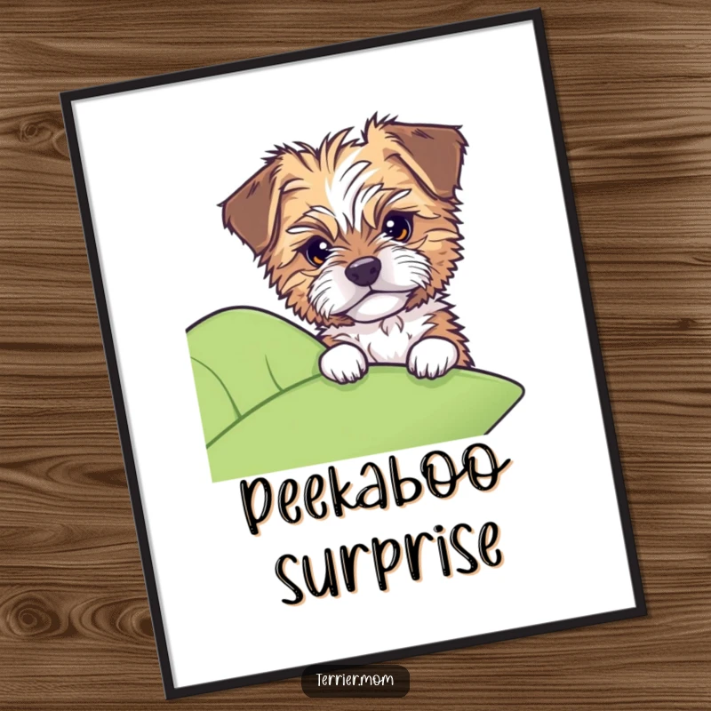 Funny poster of a tousled dog with alert ears peeking with wide-eyed curiosity from behind a large leaf.