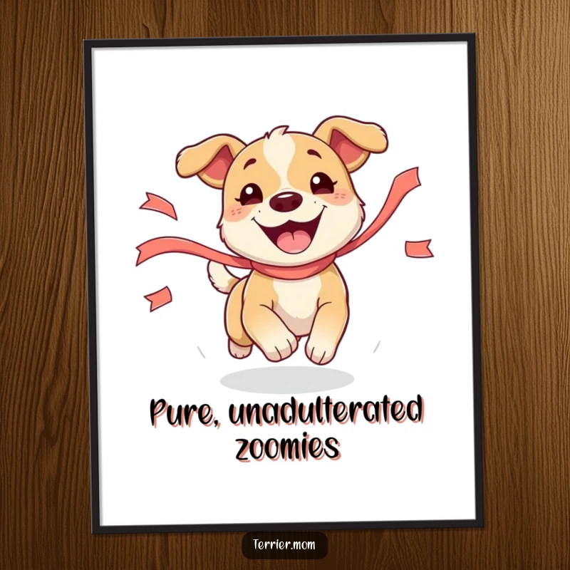 Funny Dog Poster illustrating a spirited dog in full pursuit of a fluttering ribbon, capturing a moment of absolute, hilarious delight.