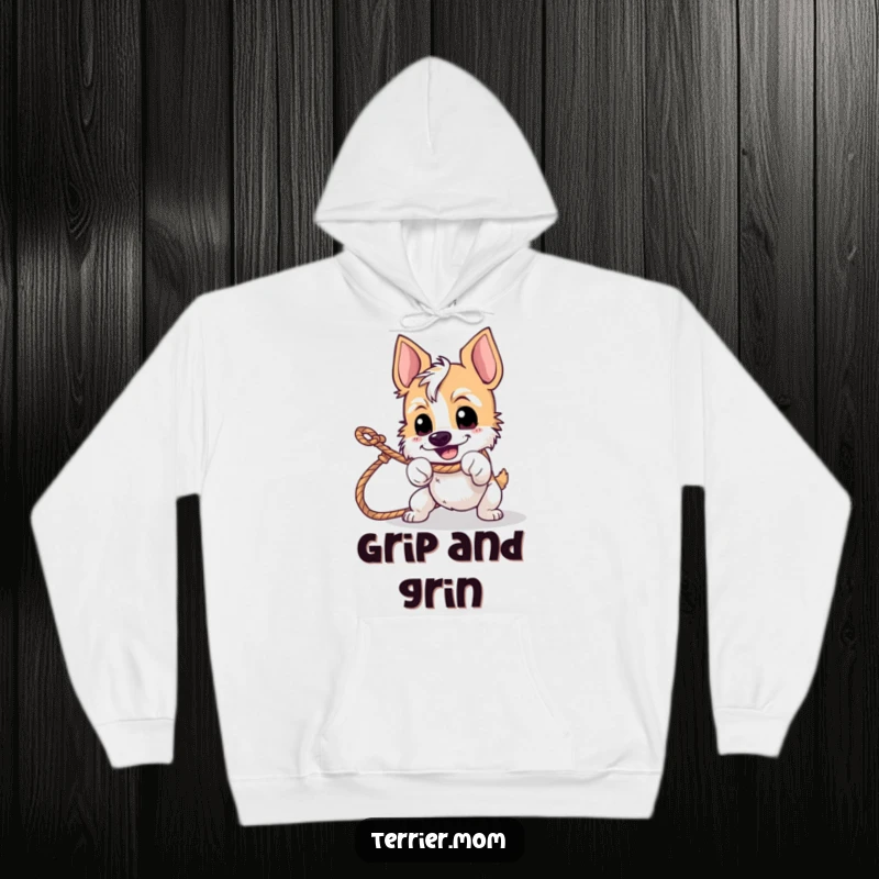Funny tug-of-war terrier hoodie showcasing a determined dog pulling hard on a rope.